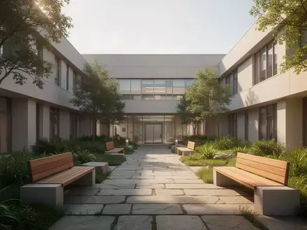 Ein moderner, ruhiger Innenhof einer Klinik mit Steinwegen und Grünflächen. - Foto: über boerse-global.de