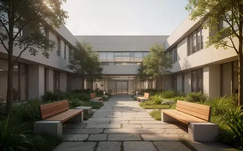 Ein moderner, ruhiger Innenhof einer Klinik mit Steinwegen und Grünflächen. - Foto: über boerse-global.de