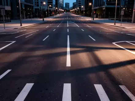 Eine leere, städtische Straßenkreuzung bei Dämmerung mit klaren Fahrbahnmarkierungen und atmosphärischem Licht. - Foto: über boerse-global.de