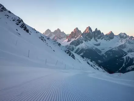 Verschneiter, präparierter Pistenabschnitt in einem alpinen Bergmassiv bei Tagesanbruch. - Foto: über boerse-global.de