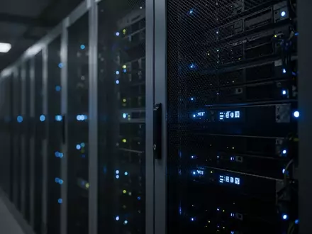Ein nächtlicher Serverraum mit blau leuchtenden Statusanzeigen an einem metallischen Rack. - Foto: über boerse-global.de