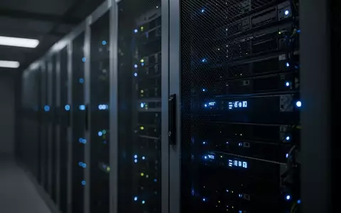 Ein nĂ€chtlicher Serverraum mit blau leuchtenden Statusanzeigen an einem metallischen Rack. - Foto: ĂŒber boerse-global.de
