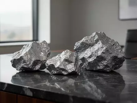 Rohe Zinnerzproben liegen auf einer dunklen Oberfläche in einem modernen Büro. - Foto: über boerse-global.de
