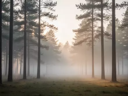Ein ruhiger Wald bei Morgendämmerung mit sanftem Nebel zwischen den Bäumen, der eine Atmosphäre der Stille und Besinnung vermittelt. - Foto: über boerse-global.de