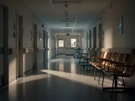 Ein leerer, minimalistischer Krankenhausflur mit Holzsitzbänken in gedimmtem Licht. - Foto: über boerse-global.de