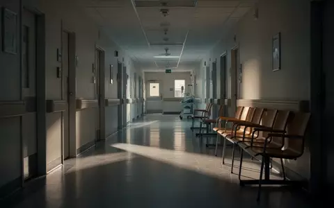 Ein leerer, minimalistischer Krankenhausflur mit HolzsitzbĂ€nken in gedimmtem Licht. - Foto: ĂŒber boerse-global.de