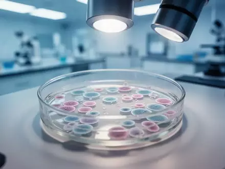 Nahaufnahme einer Zellkultur in einer Laborschale unter einem Mikroskop vor einem unscharfen, sterilen Hintergrund. - Foto: über boerse-global.de