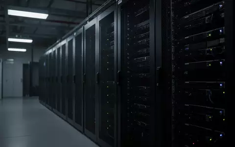 Dunkler, moderner Serverraum mit metallischen Serverschränken in einer industriellen Umgebung. - Foto: über boerse-global.de