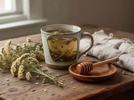 Eine Tasse Kräutertee mit getrockneter Schafgarbe und Honig auf einem Holztisch bei natürlichem Licht. - Foto: über boerse-global.de