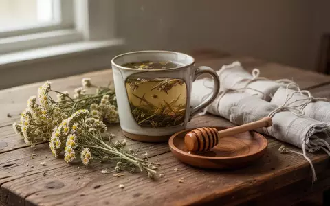 Eine Tasse Kräutertee mit getrockneter Schafgarbe und Honig auf einem Holztisch bei natürlichem Licht. - Foto: über boerse-global.de