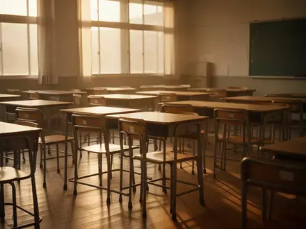 Ein leerer, sonnendurchfluteter Klassenraum mit leeren Schulbänken und Stühlen in einer ruhigen, minimalistischen Umgebung. - Foto: über boerse-global.de