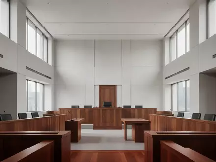 Ein minimalistischer, leerer Gerichtssaal mit moderner Architektur und polierten Holzoberflächen bei natürlichem Tageslicht. - Foto: über boerse-global.de