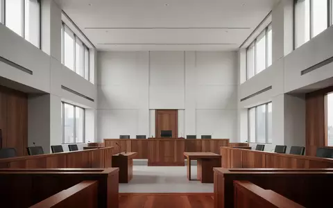 Ein minimalistischer, leerer Gerichtssaal mit moderner Architektur und polierten Holzoberflächen bei natürlichem Tageslicht. - Foto: über boerse-global.de