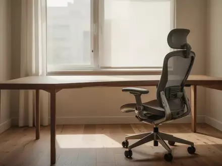 Ein minimalistisch eingerichtetes Homeoffice mit einem leeren Schreibtisch und einem ergonomischen Bürostuhl bei Tageslicht. - Foto: über boerse-global.de