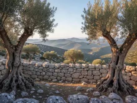 Eine sonnenbeschienene Hügellandschaft auf Sardinien mit alten Steinmauern und Olivenbäumen in einer hügeligen Umgebung. - Foto: über boerse-global.de
