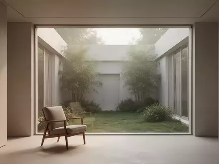 Ein ruhiger, minimalistischer Raum mit natürlichem Lichteinfall und Blick in einen begrünten Innenhof. - Foto: über boerse-global.de