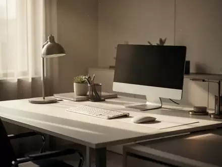 Ein moderner, minimalistischer Arbeitsplatz mit Schreibtisch in einem hellen Büro bei Tageslicht. - Foto: über boerse-global.de