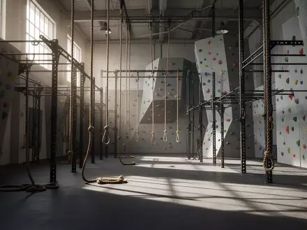 Leere Trainingshalle für Hindernisläufe mit Kletterwänden und Stahlkonstruktionen in natürlichem Licht. - Foto: über boerse-global.de