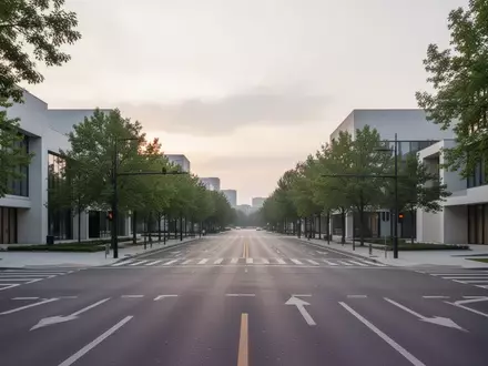Eine leere, moderne städtische Straßenkreuzung bei Tagesanbruch mit klaren Fahrbahnmarkierungen und minimalistischer Architektur. - Foto: über boerse-global.de