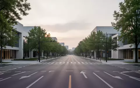 Eine leere, moderne städtische Straßenkreuzung bei Tagesanbruch mit klaren Fahrbahnmarkierungen und minimalistischer Architektur. - Foto: über boerse-global.de