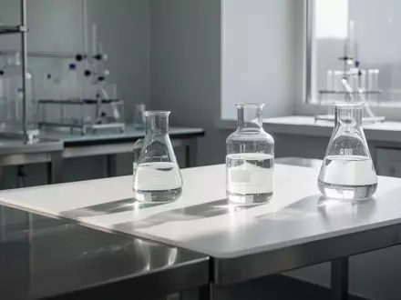 Ein steriler Labortisch mit Glasgefäßen und Flüssigkeiten in einer hellen, minimalistischen Umgebung. - Foto: über boerse-global.de