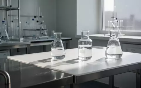 Ein steriler Labortisch mit Glasgefäßen und Flüssigkeiten in einer hellen, minimalistischen Umgebung. - Foto: über boerse-global.de