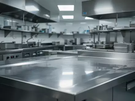 Eine leere, sterile Edelstahl-Arbeitsfläche in einer professionellen Restaurantküche, die Sauberkeit und Hygiene symbolisiert. - Foto: über boerse-global.de