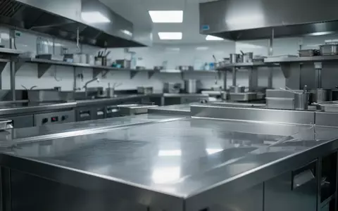 Eine leere, sterile Edelstahl-Arbeitsfläche in einer professionellen Restaurantküche, die Sauberkeit und Hygiene symbolisiert. - Foto: über boerse-global.de