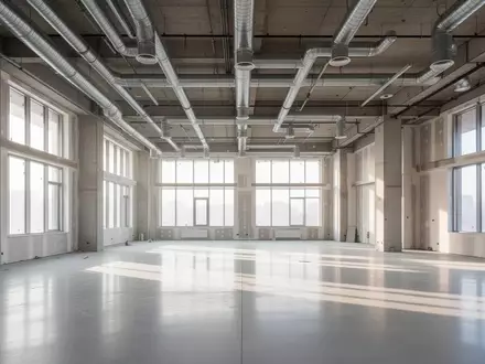 Ein heller, leerer Industrieraum mit hohen Decken und poliertem Betonboden während einer Renovierung. - Foto: über boerse-global.de