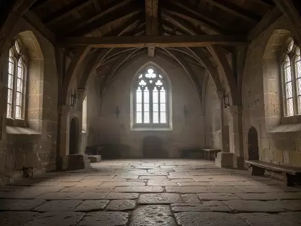 Steinernes Gewölbe eines historischen Klosters mit rustikalen Holzbalken und atmosphärischem Licht. - Foto: über boerse-global.de
