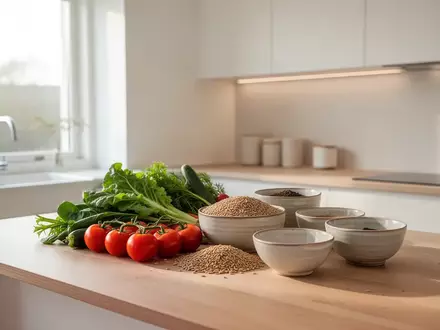 Frische Lebensmittel wie Gemüse und Getreide auf einer hellen Holzküche in einer ruhigen, modernen Wohnumgebung. - Foto: über boerse-global.de