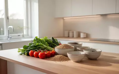 Frische Lebensmittel wie Gemüse und Getreide auf einer hellen Holzküche in einer ruhigen, modernen Wohnumgebung. - Foto: über boerse-global.de
