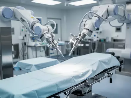 Ein steriler Operationssaal mit einem hochpräzisen robotergestützten chirurgischen System über einem leeren Operationstisch. - Foto: über boerse-global.de