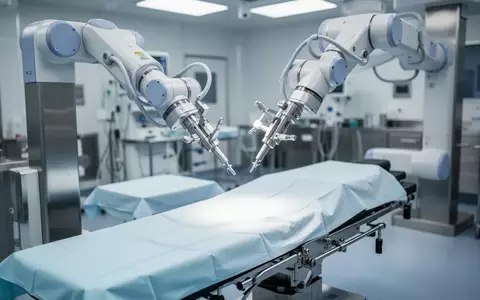 Ein steriler Operationssaal mit einem hochpräzisen robotergestützten chirurgischen System über einem leeren Operationstisch. - Foto: über boerse-global.de