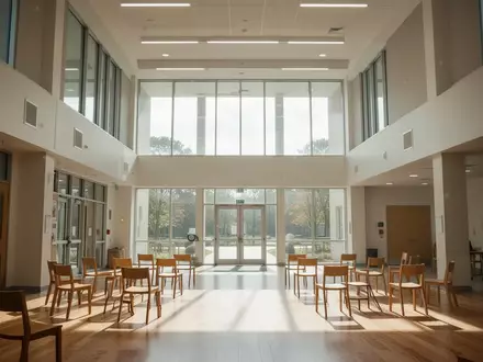 Heller Foyerbereich eines modernen Kulturhauses mit großen Fenstern und Holzboden. - Foto: über boerse-global.de