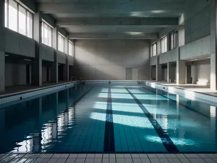 Leeres Innenbecken eines öffentlichen Hallenbades mit blauem Wasser und reflektierendem Tageslicht. - Foto: über boerse-global.de