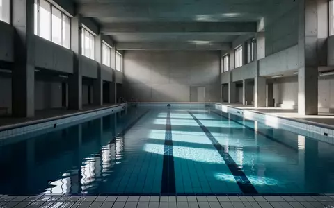 Leeres Innenbecken eines öffentlichen Hallenbades mit blauem Wasser und reflektierendem Tageslicht. - Foto: über boerse-global.de