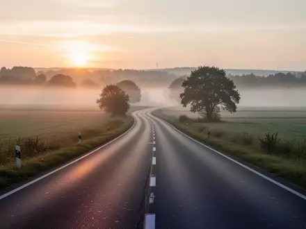 Eine leere Landstraße in einer ländlichen Umgebung bei Sonnenaufgang mit aufsteigendem Frühnebel. - Foto: über boerse-global.de