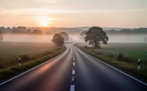 Eine leere Landstraße in einer ländlichen Umgebung bei Sonnenaufgang mit aufsteigendem Frühnebel. - Foto: über boerse-global.de