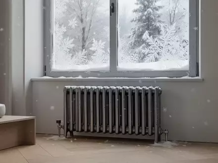 Ein moderner, minimalistischer Wohnraum mit einem Heizkörper vor einem frostigen Fenster an einem kalten Wintertag. - Foto: über boerse-global.de