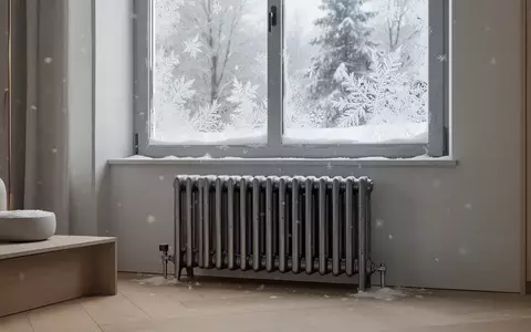 Ein moderner, minimalistischer Wohnraum mit einem Heizkörper vor einem frostigen Fenster an einem kalten Wintertag. - Foto: über boerse-global.de