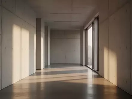 Ein leerer, modern gestalteter Büroflur mit Betonwänden und einfallendem Tageslicht. - Foto: über boerse-global.de