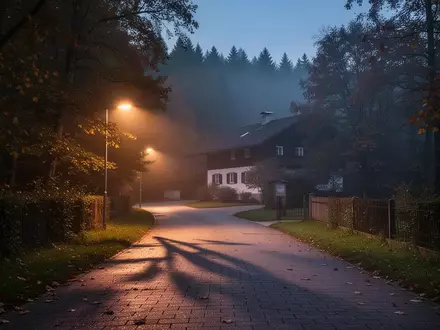 Eine ruhige, ländliche Wohnstraße in Bayern in der Dämmerung mit Blick auf eine Hauseinfahrt. - Foto: über boerse-global.de