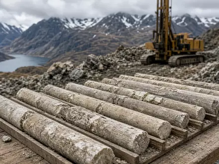 Geologische Gesteinsproben auf einem Arbeitstisch vor einer modernen Lithium-Abbaustätte in einer kanadischen Landschaft. - Foto: über boerse-global.de