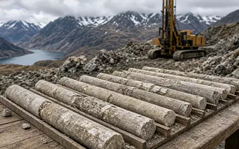 Geologische Gesteinsproben auf einem Arbeitstisch vor einer modernen Lithium-Abbaustätte in einer kanadischen Landschaft. - Foto: über boerse-global.de