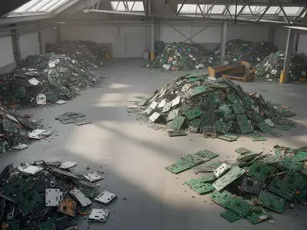 Sortierte elektronische Bauteile und Platinen in einer industriellen Recyclinganlage bei natürlichem Lichteinfall. - Foto: über boerse-global.de