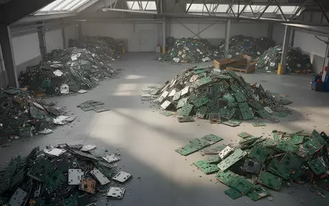 Sortierte elektronische Bauteile und Platinen in einer industriellen Recyclinganlage bei natürlichem Lichteinfall. - Foto: über boerse-global.de