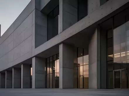 Architektonisches Detail eines modernen, schlichten öffentlichen Gebäudes mit klaren Linien und geometrischen Schatten. - Foto: über boerse-global.de