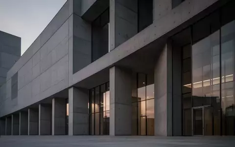 Architektonisches Detail eines modernen, schlichten öffentlichen Gebäudes mit klaren Linien und geometrischen Schatten. - Foto: über boerse-global.de