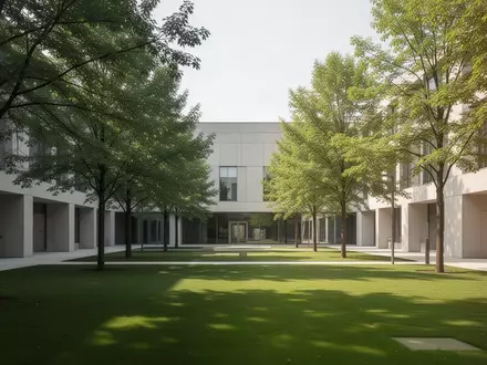 Ein minimalistischer Innenhof auf einem modernen Hochschulcampus mit Grünflächen und Architektur bei Tageslicht. - Foto: über boerse-global.de